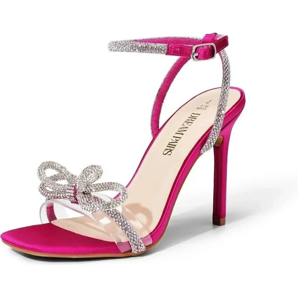 Women's Pink Double Bowknots Crystal Sandals Clear  Slingback Heels - Picture 1 of 7